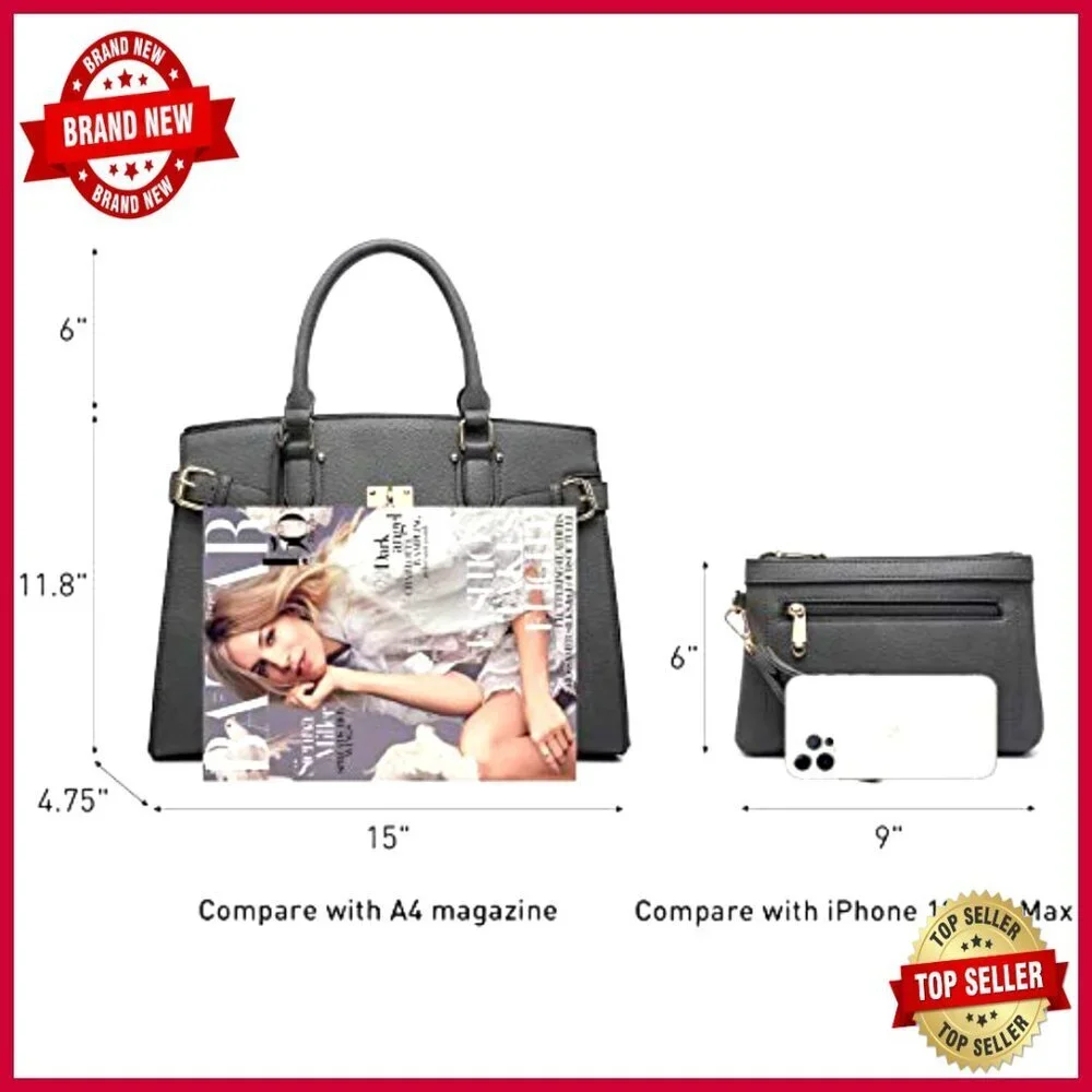 Vegan Leather Satchel Tote with Wristlet, Adjustable Strap, Multi-Pocket Work